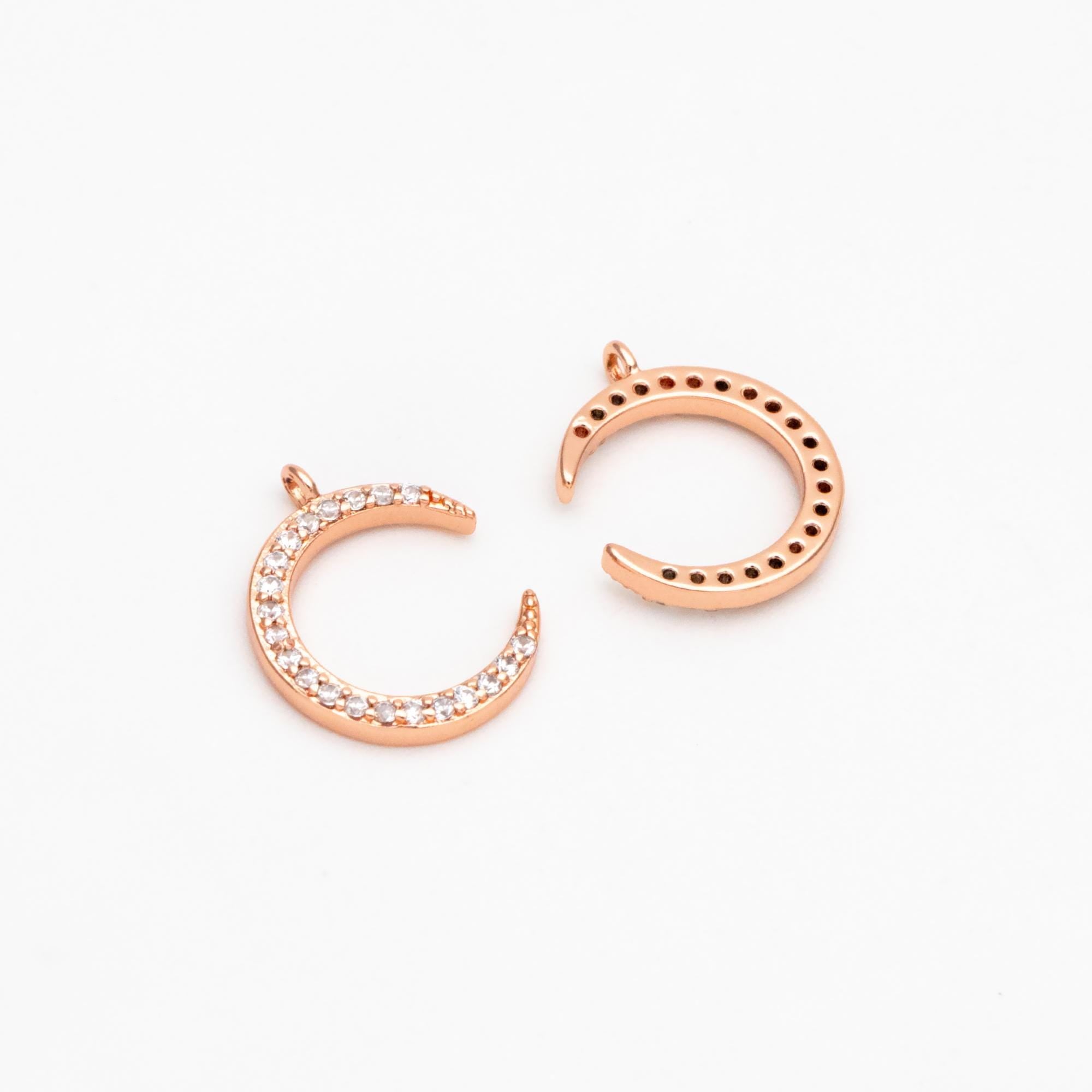 10pcs CZ Pave Moon Charms: Gold/ Rhodium/ Rose Gold Plated Brass Crescent Pendants (GB-618-G)